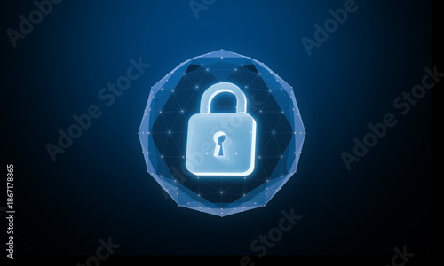 Digital Security Shield: A radiant, stylized lock icon gleams within a protective, multifaceted shield, embodying the core of digital security and data protection.