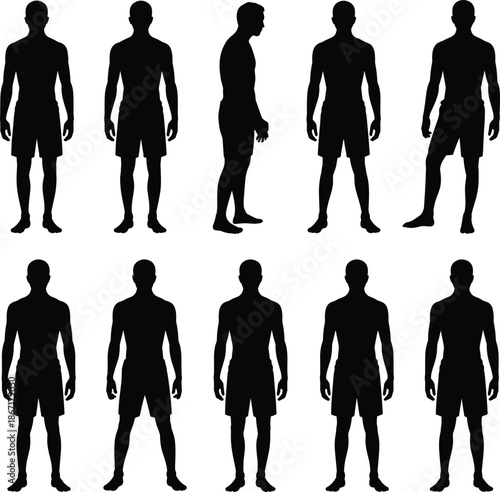 Male body silhouettes set standing front side views athletic man proportions isolated black vector illustration on white background