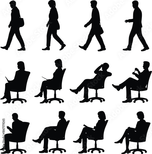 Business people silhouettes set walking and sitting office workers men and women working poses isolated black vector illustration