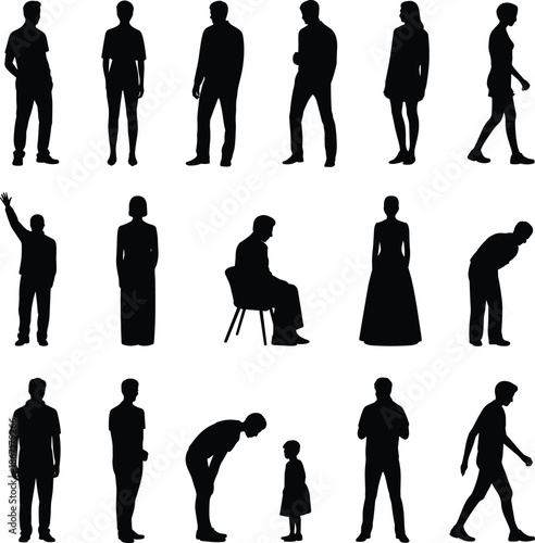 People, silhouettes, men, women, and, children, standing, sitting, walking, waving, bending, black, isolated, human, figures, lifestyle, modern, posture, vector, illustration