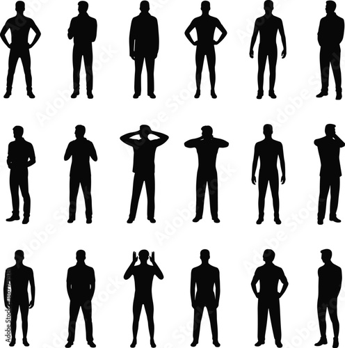 Modern, male, silhouettes, collection, set, of, men, in, different, standing, poses, isolated, black, human, figures, business, casual, posture, concept, illustration