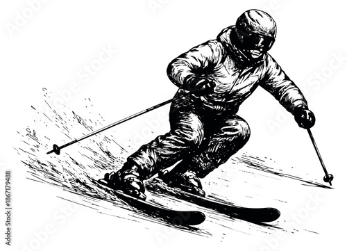 Hand drawn line art illustration of a skier depicting downhill skiing for winter sports