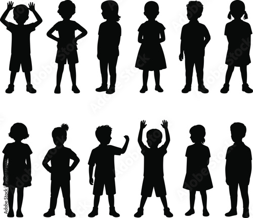 Children kids silhouette collection showing boys and girls standing playful poses isolated black vector illustration for education design reference