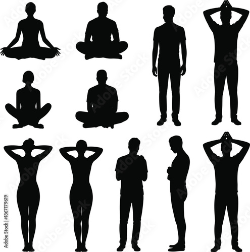 Meditation and stress relief human silhouettes showing yoga sitting standing and hands on head poses isolated black vector set