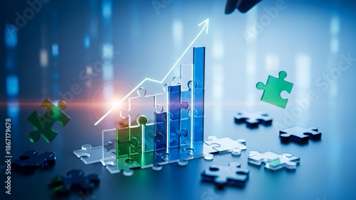 Business sustainability graph with puzzle pieces and upward trend in a digital environment from a high viewpoint