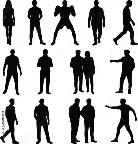 People, silhouettes, men, women, walking, standing, talking, posing, team, group, lifestyle, activity, business, communication, teamwork, casual, interaction, human, modern, figures