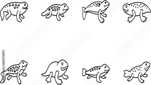 A black and white illustration of frogs and fish in various playful poses