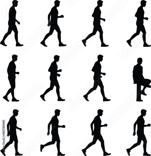 Male walking and running silhouette set showing side view motion sequence isolated black vector illustration for fitness animation reference