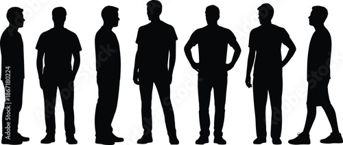 Men silhouettes standing and facing different directions, black vector illustration, casual male figures set, human posture concept, isolated white background
