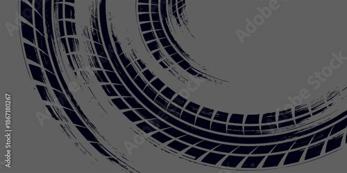 Grunge tire track, wheel braking marks. Truck, car or motorcycle tread pattern silhouette. Auto race, motorsport, speed racing design element.