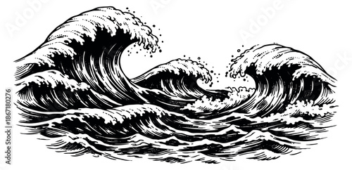 Hand drawn line art illustration of ocean waves depicting crashing water for nautical and nature designs