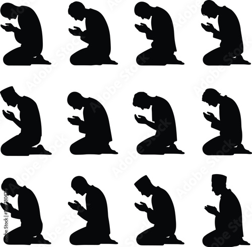 People, silhouettes, kneeling, praying, worship, faith, religion, devotion, spiritual, meditation, holy, belief, peaceful, worshipper, prayer, posture, human, hope, forgiveness, figure