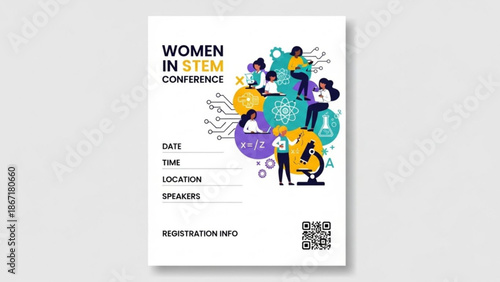Women in stem conference flyer with colorful illustration and qr code for registration with STEM education and science and technology and engineering