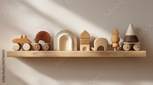wooden baby toys on shelf with copy space. 