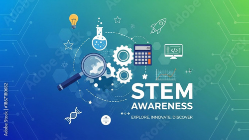 Stem awareness concept with magnifying glass and icons on blue green background explore innovate discover with education and science and technology