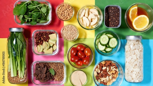 Various healthy raw food ingredients in glass containers on a colorful
