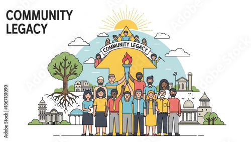 Diverse group of people standing together in unity with torch and community legacy banner at sunny day with diversity and community spirit and togetherness