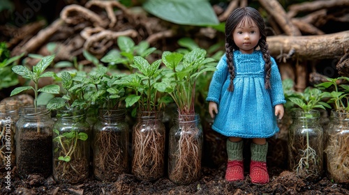 A doll stands next to a collection of mint cuttings rooting in jars, creating a charming garden scene that highlights the simple joy of growing herbs and plants from the ground up