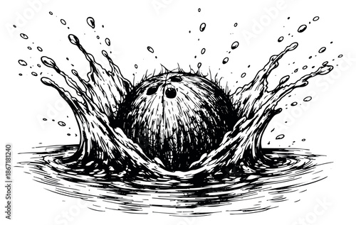 Hand drawn line art illustration of a coconut bowling ball depicting a splash in water for tropical fun