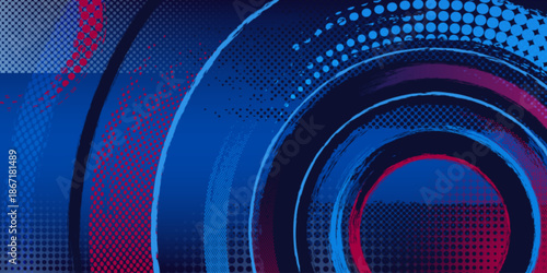 Sport background with dynamic circular halftone patterns in blue and red. Abstract athletic design with concentric rings, gradient transitions and geometric dotted textures for modern sporty posters