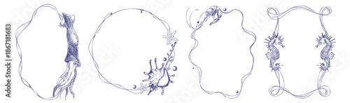 Sea frame doodle set with ocean borders and marine creatures. Hand drawn seafood illustrations with squid, seahorse and starfish decorative frames. Vintage engraved nautical patterns for summer design