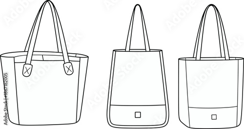 Front side and back view tote bag vector outline illustration set for fashion accessory design and reusable shopping bag mockups