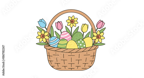 A charming illustration of a woven basket overflowing with colorful Easter eggs and vibrant spring flowers, perfect for holiday celebrations.
