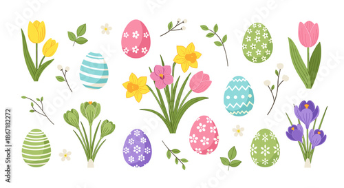 A vibrant collection of beautifully decorated Easter eggs and blooming spring flowers, including tulips, daffodils, and crocuses, arranged on a clean white background.