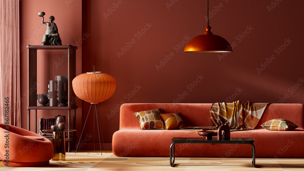 Αυτοκόλλητο Bold conceptual living room interior featuring terracotta colors, sculptural sofa, abstract wall art and warm lighting for a stylish retro modern atmosphere