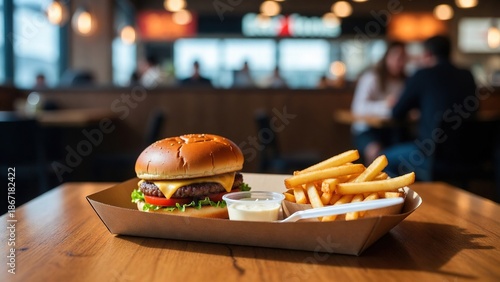 Cheeseburger and golden french fries served on a wooden table in a