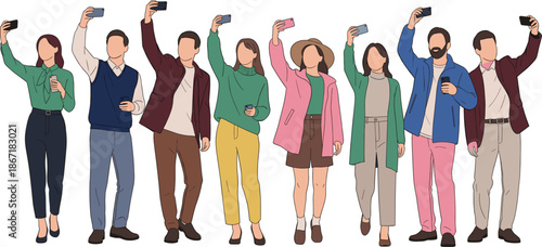 Group of diverse young people taking selfies with smartphones isolated on white background flat vector illustration