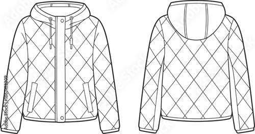 Front and back view technical fashion illustration of quilted hooded jacket with drawstring pockets modern casual outerwear design