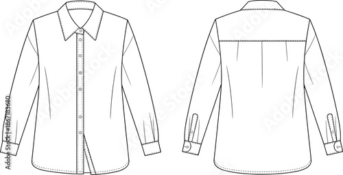 Front and back view technical fashion illustration of long sleeve button up shirt with collar clean minimal casual apparel design