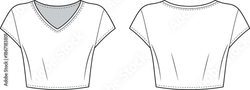 Front and back view technical fashion illustration of cropped v neck short sleeve t shirt womens casual summer apparel design