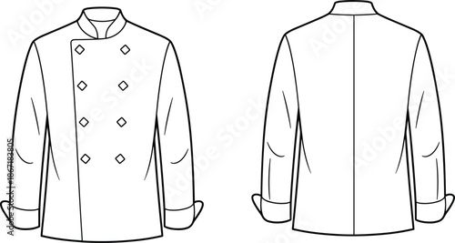 Front and back view technical fashion illustration of double breasted chef jacket with long sleeves kitchen uniform design