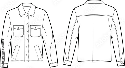 Front and back view technical fashion illustration of button front jacket with chest pockets long sleeves classic casual outerwear design