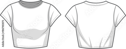 Front and back view technical fashion illustration of cropped short sleeve t shirt top basic womens apparel design