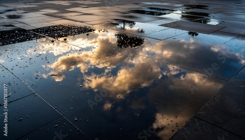 Cloud reflections in puddles on a wet tiled surface after rainfall