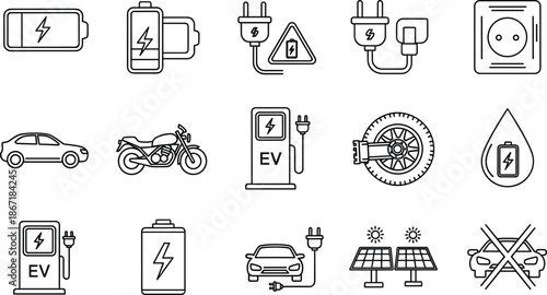 Electric vehicle charging and battery line icons set featuring EV cars plugs power stations renewable energy and mobility symbols