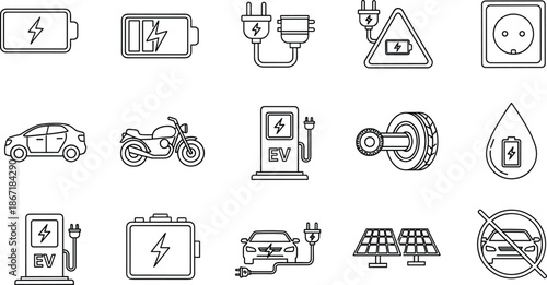 Electric vehicle charging and battery line icons set including EV cars plugs energy power stations renewable technology symbolsElectric vehicle charging and battery line icons 