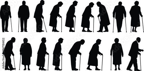 Elderly people silhouettes set illustrating senior men and women walking with canes, aging posture changes and daily life poses
