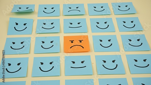 Emotional Conflict Amidst Happiness: An evocative depiction of a single, glum square amidst a sea of smiley-faced counterparts, symbolizing emotional dissonance and unique experiences.