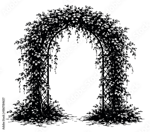 Hand drawn illustration of a garden arch depicting lush foliage for nature themed designs
