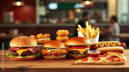 Assortment of fast food items on a wooden table in a blurred restaurant