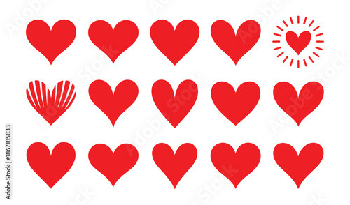 Set of clean red heart icons and flat vector symbols for digital interface and modern graphic design applications