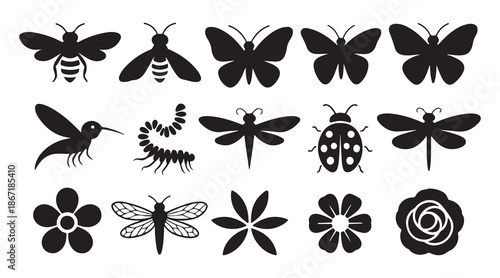 Flat silhouette insect and flower icons collection set on white background for nature design and outdoor projects