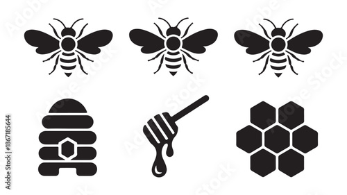 Bee icon set vector illustration isolated on white background, beehive honeycomb honey dipper and insect