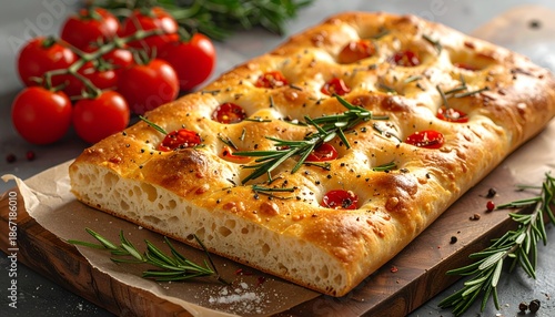 Delicious focaccia bread with tomatoes and herbs on wooden board