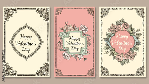 Vintage Valentine's Day cards with floral designs and elegant borders