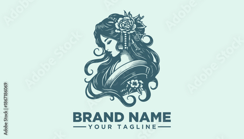 Teal vector illustration of a woman's head with long hair and a floral design, accompanied by a brand name and tagline on a light green background.